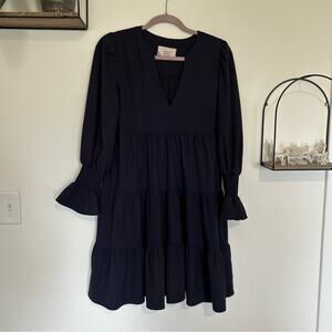 Pomander Place Tuckernuck Navy Popover Long Sleeve Tiered V Neck Mini Dress Lrg